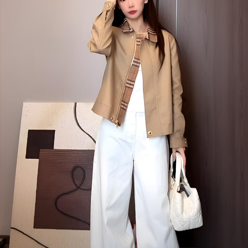 【东京日落】高品质版  短款早秋风衣夹克定制卡其色格子气质外套女