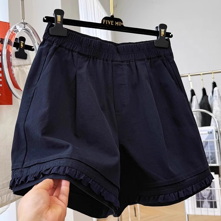 自带氛围感！木耳边藏青色休闲短裤女夏季薄款大码显瘦松紧腰阔腿