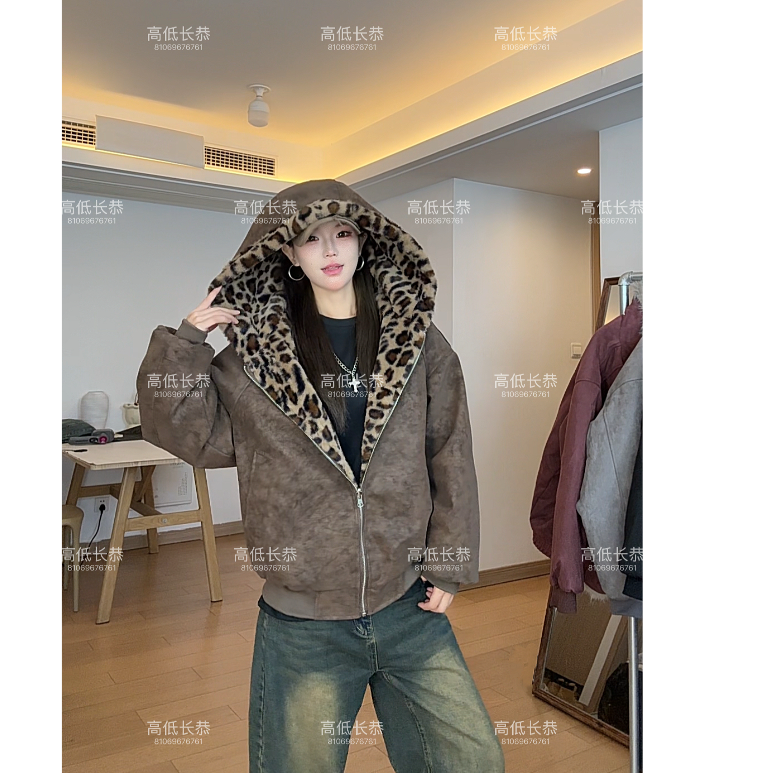 冬季百搭宽松荔枝纹PU皮美式座山豹加绒加厚双面穿豹纹夹克外套