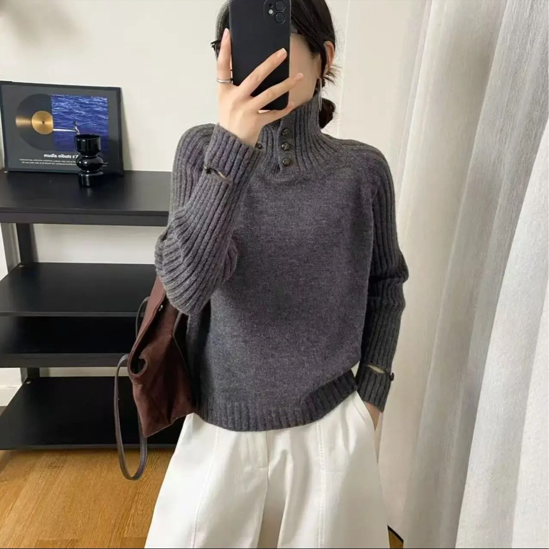 3441【540g正版加厚三粒扣】秋冬新款宽松高领长袖针织衫女毛衣