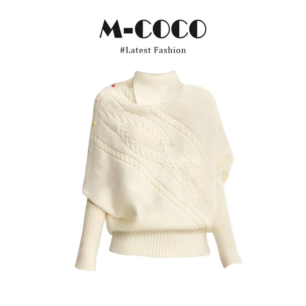 MARIE.COCO慵懒风翻领麻花针织衫女秋冬不规则彩扣蝙蝠袖毛衣上衣