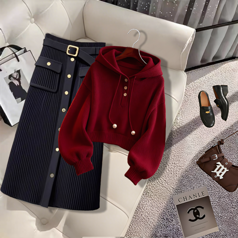 小众别致红色连帽抽绳针织卫衣女秋季新款洋气高腰针织直筒裙套装