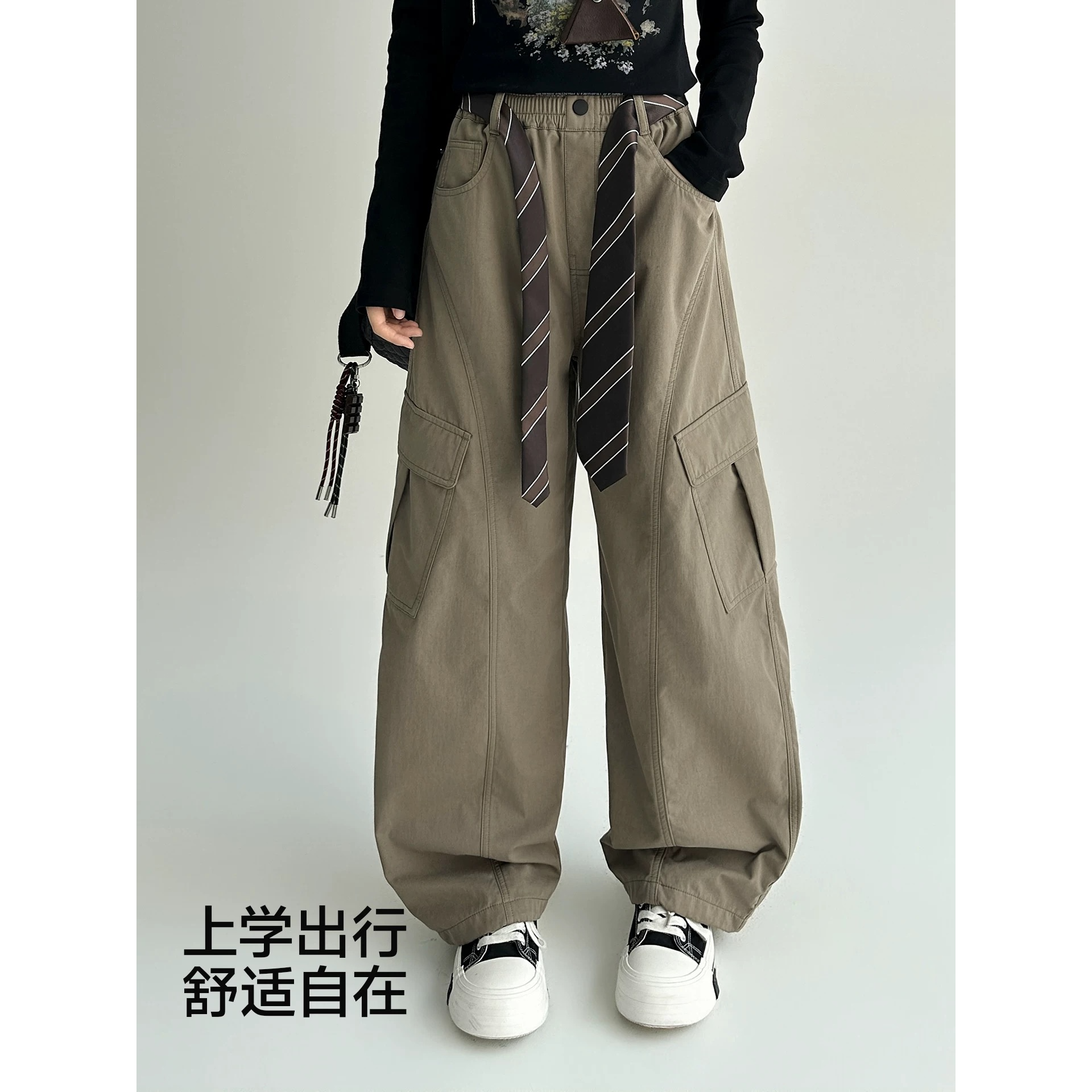 秋季新款女童复古工装裤中大童运动风宽松洋气长裤显瘦遮肉zb6109