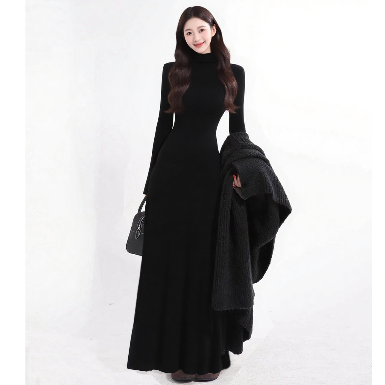 半高领加绒韩风长袖打底女连衣裙复古气质时尚修身显瘦内搭裙子