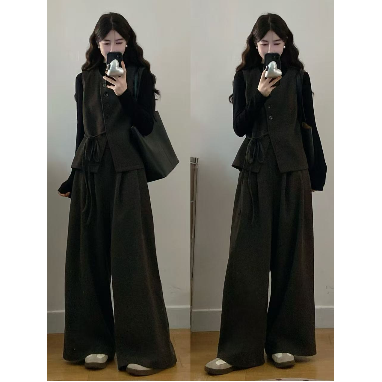 大码女装胖mm新款时尚显瘦毛呢马甲+T恤+阔腿裤三件套