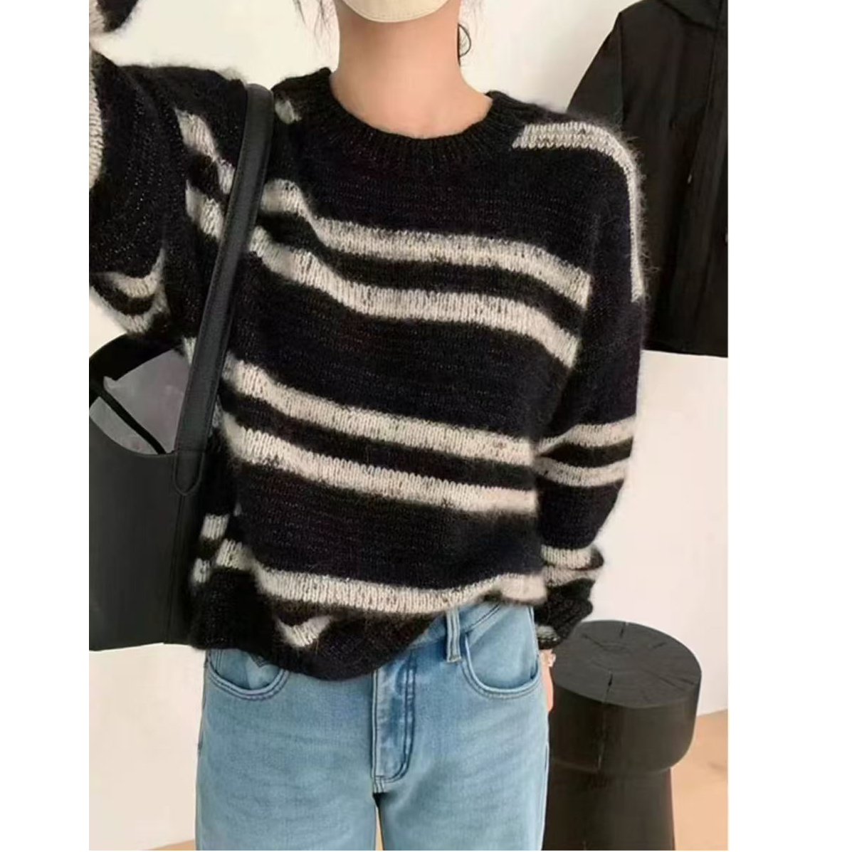 秋冬新款韩版条纹亮丝休闲百搭针织衫套头毛衣女1004