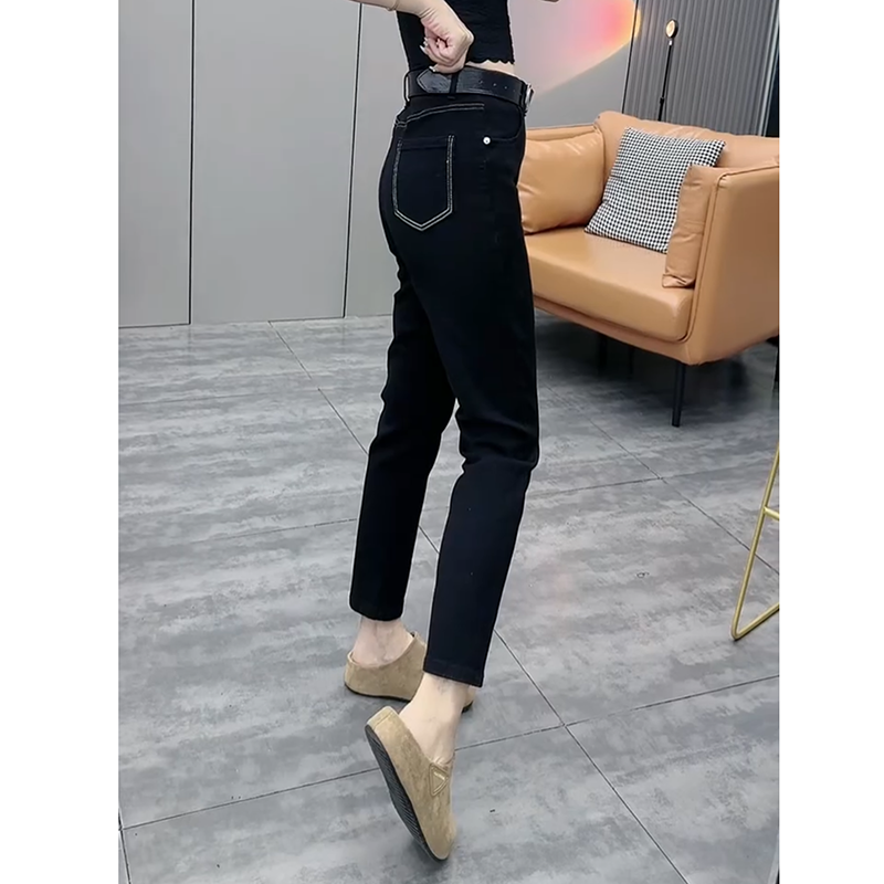 黑色弹力直筒牛仔裤女2025秋季新款小个子高腰显瘦百搭九分烟管裤