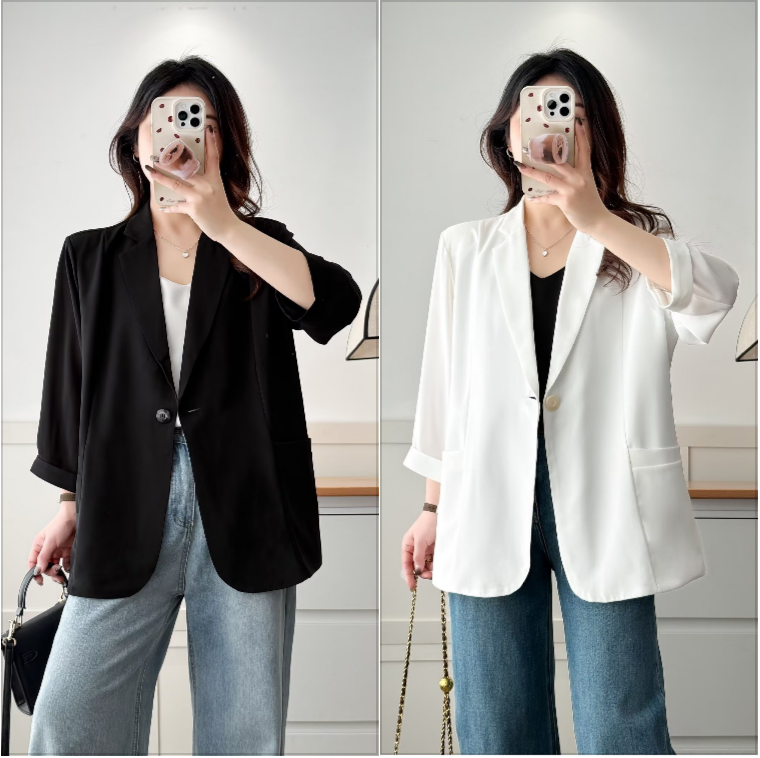 微胖MM夏季薄款七分袖宽松休闲一粒扣西装外套女大码百搭防晒上衣