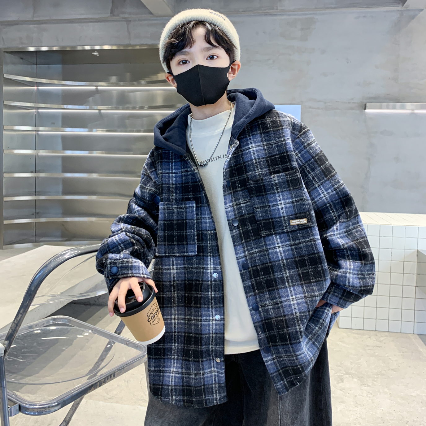 男童加绒外套秋冬款儿童加厚款连帽衬衫中大童洋气一体绒冬装棉衣