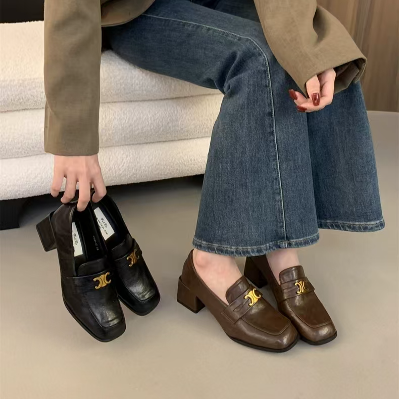 高级感复古方头乐福鞋女鞋子春夏英伦风小皮鞋韩版高跟一脚蹬单鞋