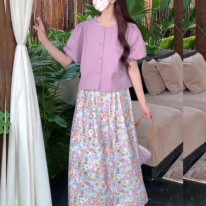 法式温柔甜美泡泡袖上衣配碎花长裙显瘦气质短袖两件套9506