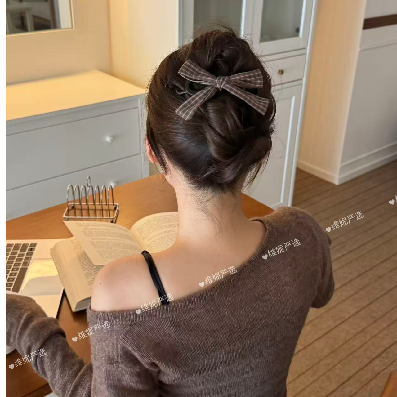 新款复古格纹系列蝴蝶结扭扭夹发夹饱满丸子头学院风发饰头饰