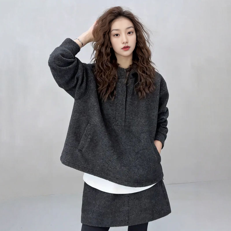 大码韩系慵懒风灰色连帽卫衣半身裙两件套装女秋冬显瘦穿搭一整套