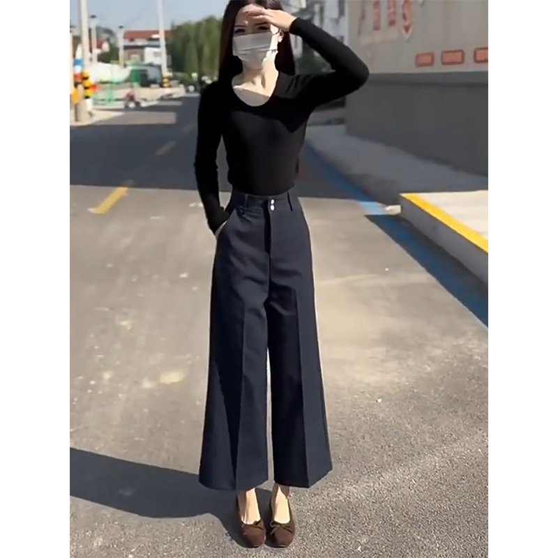 2025秋季新款韩版修身圆领长袖T恤上衣女高腰休闲阔腿九分裤套装