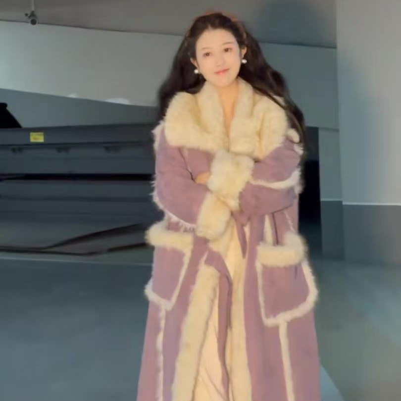 2025冬季新款韩系小香风皮毛一体羊羔毛中长款外套女加厚保暖大衣