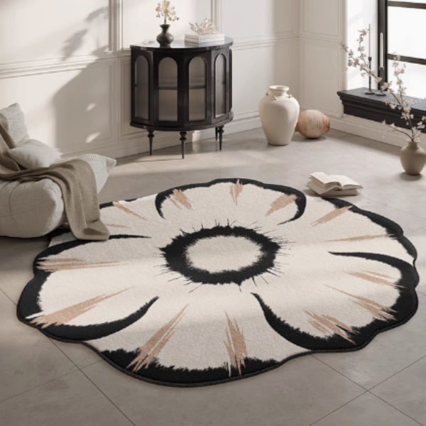 山茶花轻奢花朵圈绒地毯家用儿童房圆形网红卧室垫床边毯椅子垫