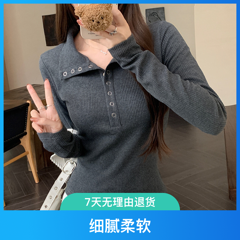 纽扣长袖外穿修身型短款ol翻领常规打底T恤洋气女款上衣刺绣修身