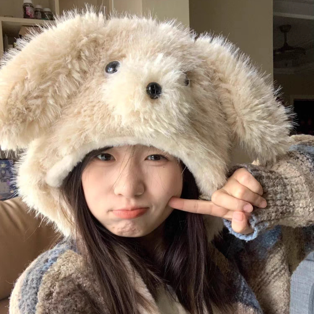 耳朵会动毛茸茸小狗帽子女冬季加厚保暖毛绒雷锋帽可爱护耳套头帽