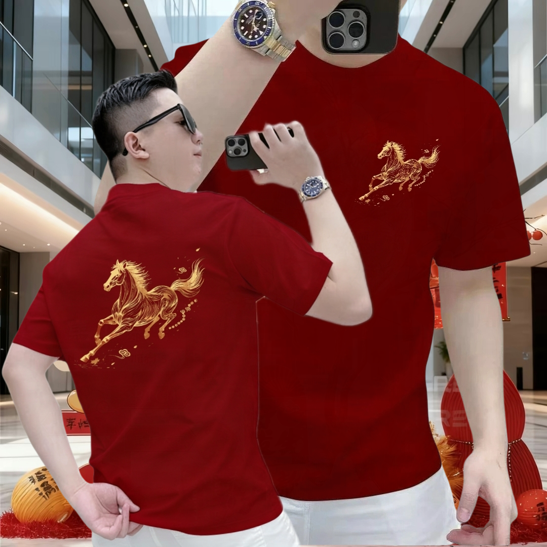 100%纯棉马年爆款骏马印花短袖T恤男士本命年红色高级感体恤上衣