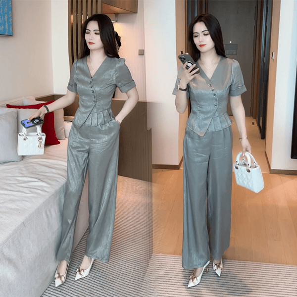 新中式穿搭气质显瘦时尚套装女2025夏季新款短袖衬衫阔腿裤两件套