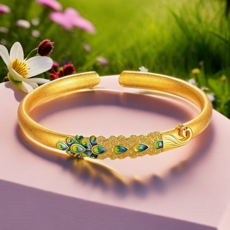 铜合金手镯 铜镀金孔雀手镯古法富贵烧蓝铜镀金开口手环女款