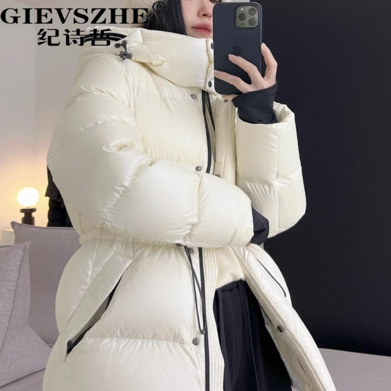 纪诗哲90白鹅绒羽绒服连帽收腰保暖时尚短款黑金外套冬季女装外套
