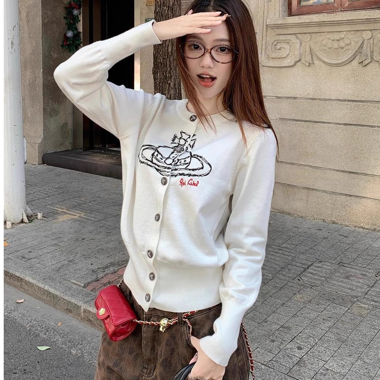 黄色星球刺绣长袖针织开衫女2026早春新款时尚百搭圆领上衣H5-65