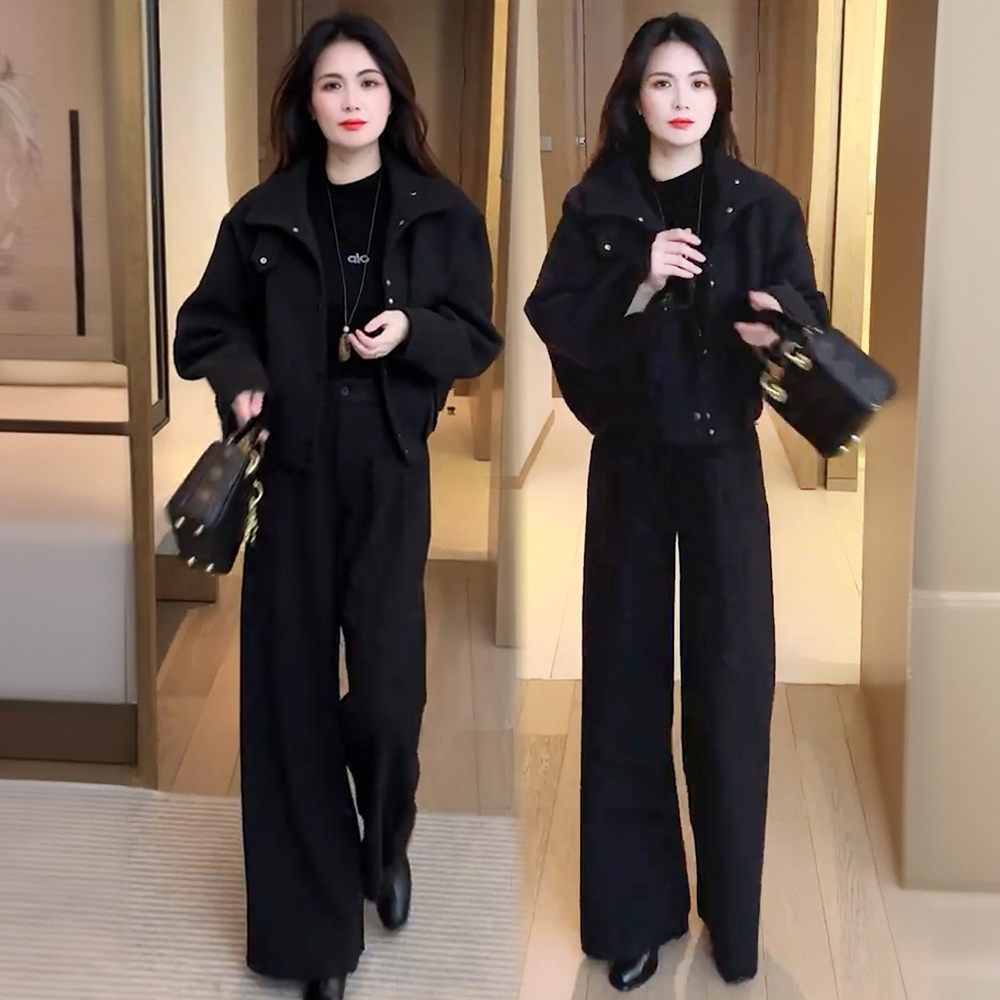 La babite时尚套装2025秋冬新款洋气百搭加厚外套阔腿裤两件套