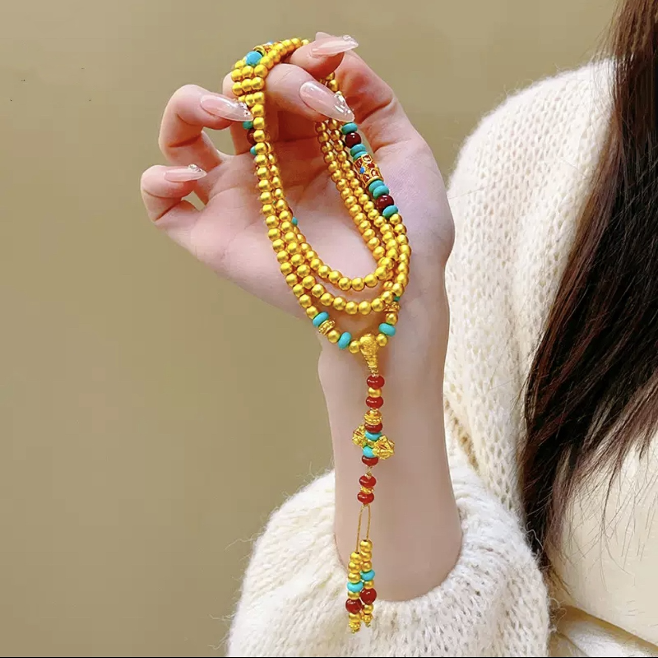 铜合金项链 新中式重工多圈珠珠路路通时尚百搭项链手工饰品