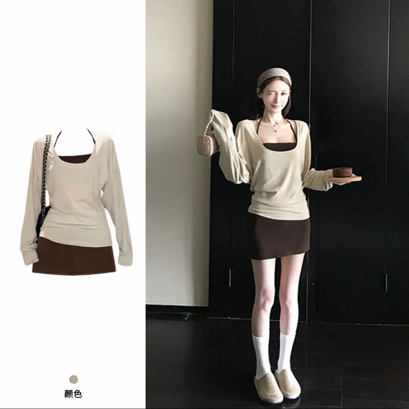 8907# 慵懒长袖T恤挂脖背心短裙半身裙3件套入秋穿搭一整套女装