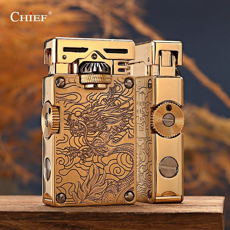 CHIEF正品煤油齿轮侧滑点火打火机防风黄铜双面雕刻复古男生礼物