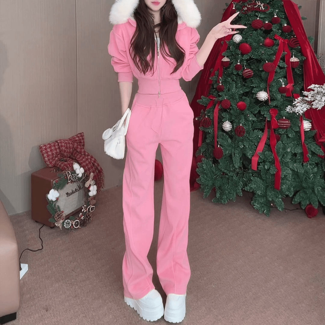 冬季穿搭一整套女装加厚保暖毛领连帽卫衣外套休闲阔腿卫裤两件套