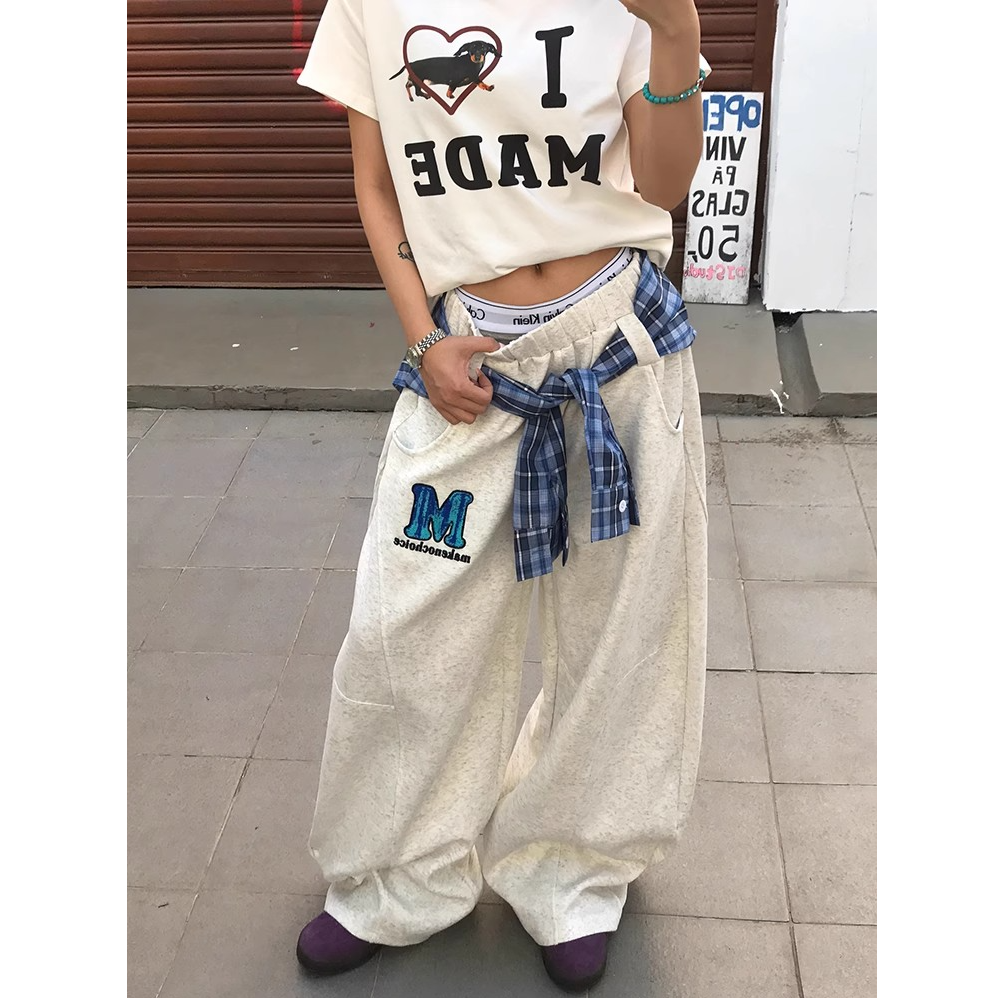 拼接格子裙摆结构设计卫裤女男美式复古慵懒风拖地伞兵裤潮