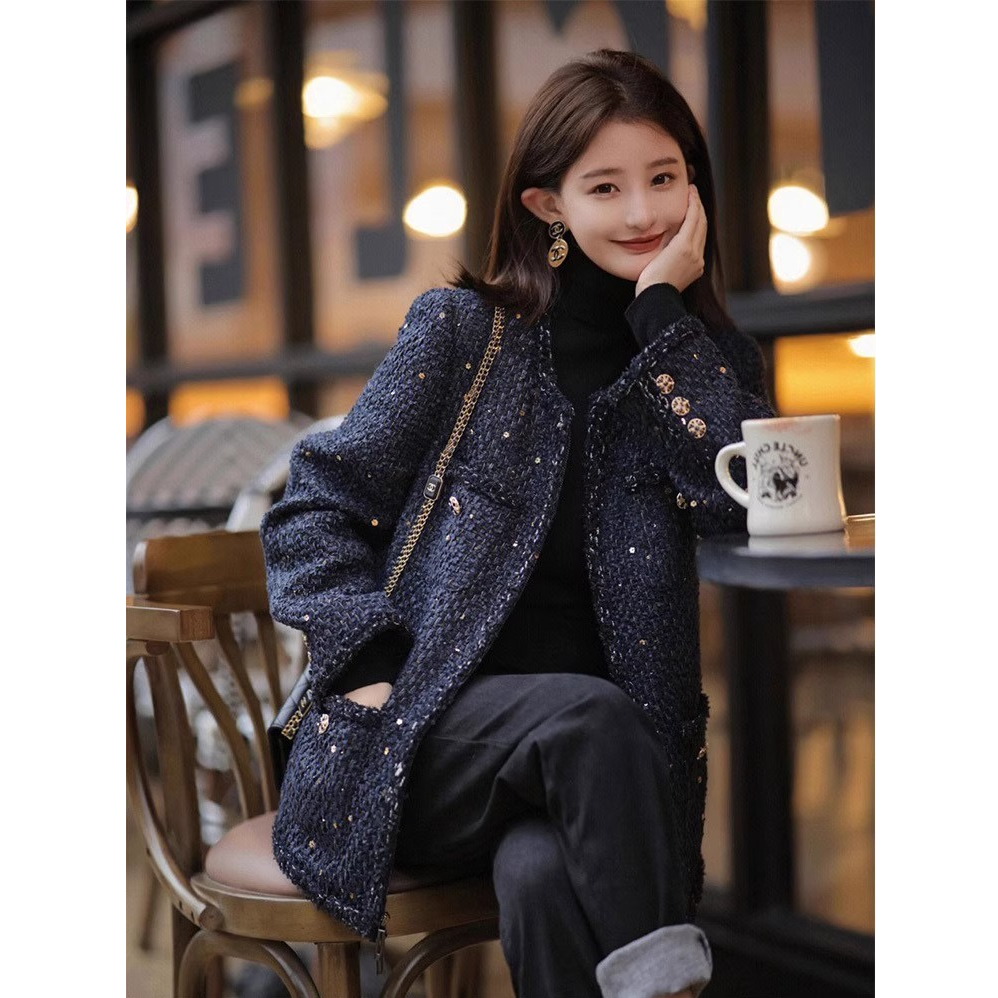 2025大码女小香风毛呢外套胖mm气质名媛小众中长款春秋装上衣百搭