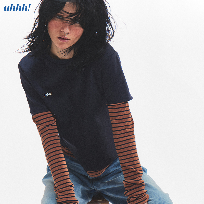 Ahhh 复古条纹假两件修身显瘦长袖T恤上衣女