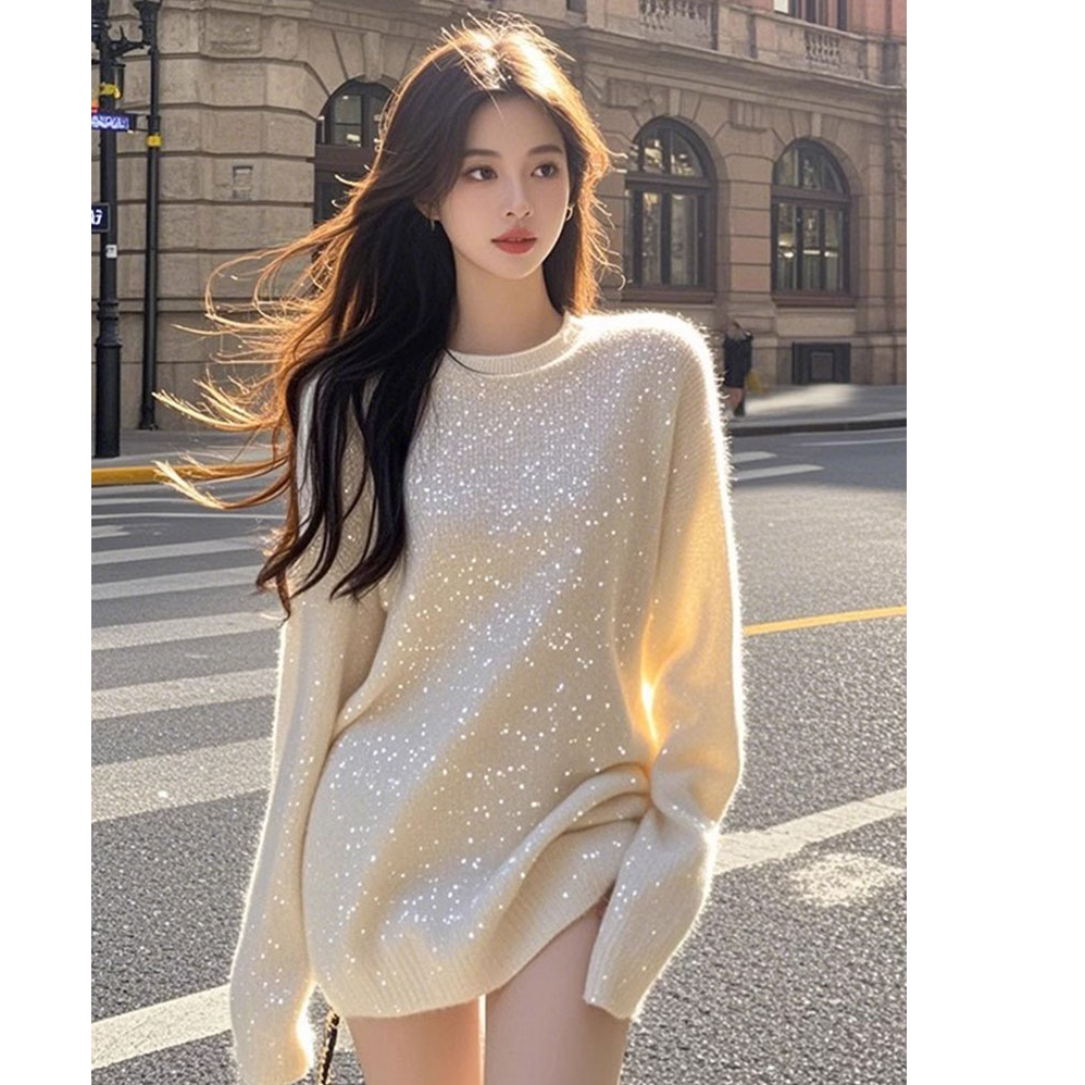 圆领亮片针织衫女早秋季2025新款毛衣慵懒高级感中长款宽松上衣服