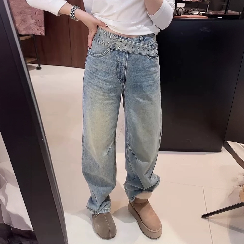 美式时髦窄版直筒牛仔裤女秋冬季加绒大码胖mm高腰宽松显瘦阔腿裤