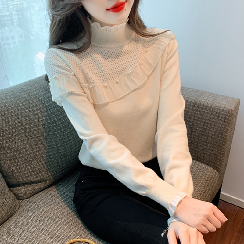 小香风半高领荷叶边长袖针织衫女秋冬季2025新款洋气内搭打底上衣