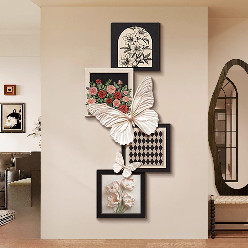 法式中古风入户玄关装饰画玫瑰蝴蝶壁灯客厅挂画复古走廊过道壁画