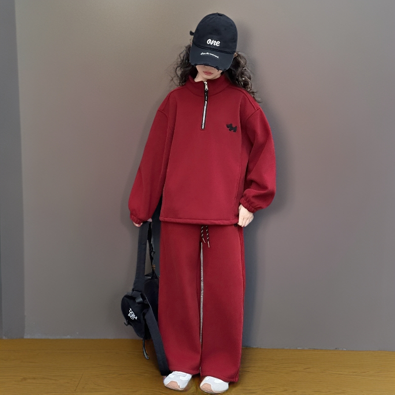 女童秋冬加绒加厚红色套装女孩一体绒半拉链卫衣运动裤拜年服冬装