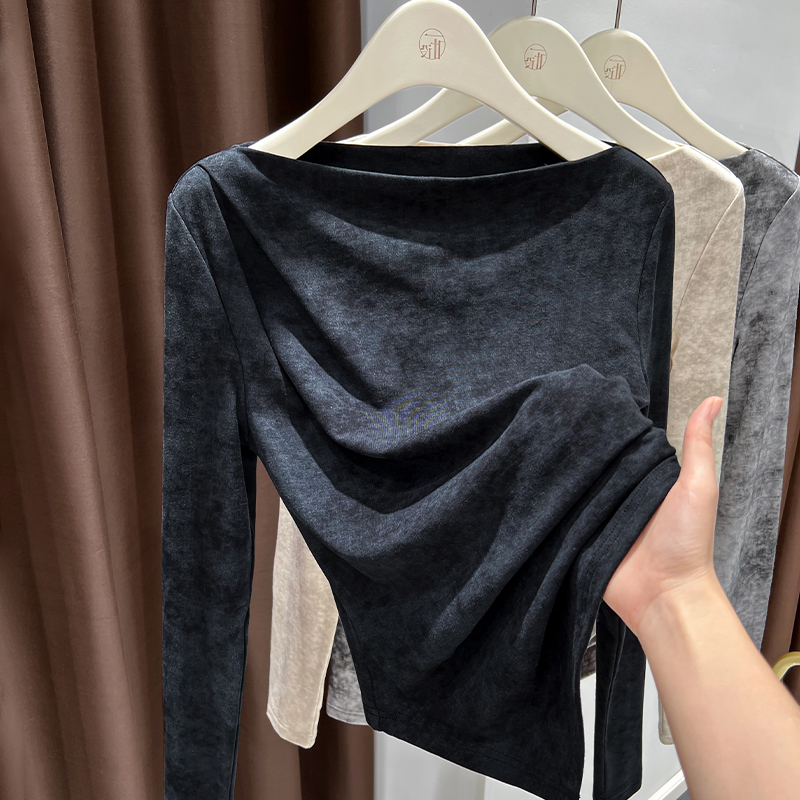 黑色一字领气质高端打底衫2025女款新款褶皱收腰短款显瘦长袖T恤