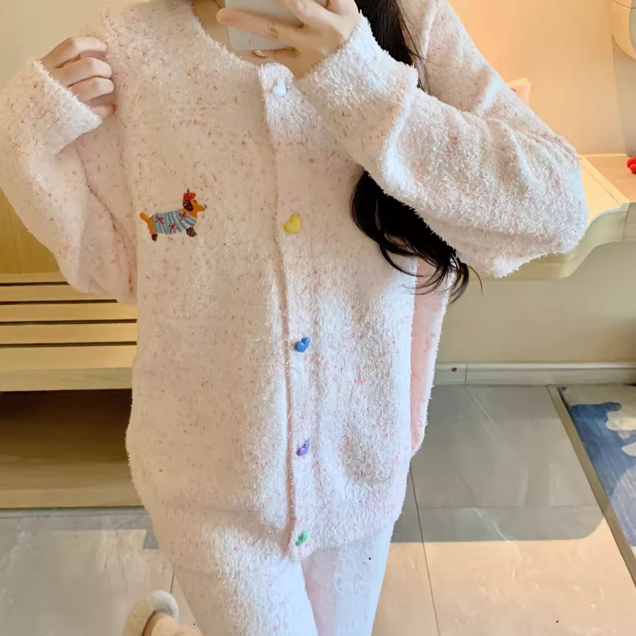 软绵绵点点纱卡通腊肠狗半边绒开衫睡衣保暖舒适秋冬可外穿家居服