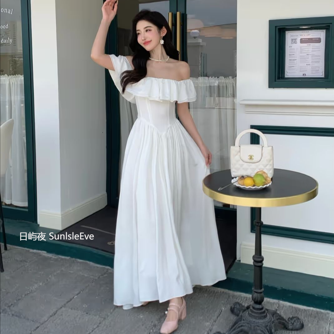 【日屿夜】夏季短袖白色连衣裙法式气质裙子收腰显瘦高腰温柔显瘦