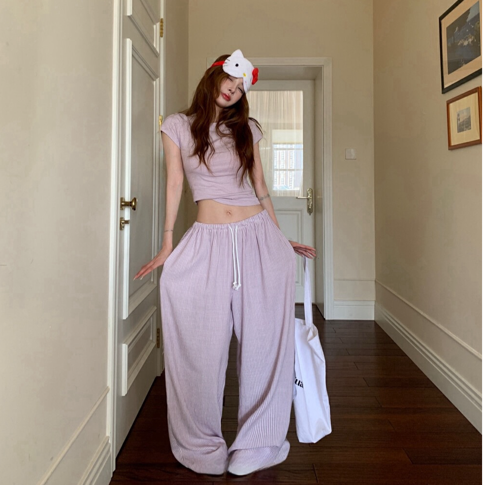 慵懒甜妹条纹修身舒适小众独特T恤+松紧腰洋气阔腿裤宽松ZXH2157