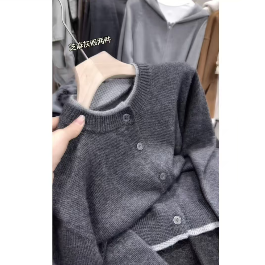 针织开衫秋冬减龄小众大码胖MM显瘦洋气毛衣韩系慵懒风假两件百搭