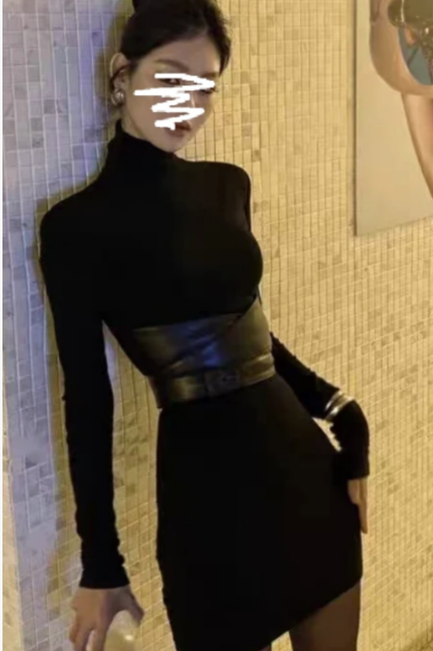 黑色赫本风长袖紧身性感包臀裙拼接收腰连衣裙时尚显身材鱼尾裙女