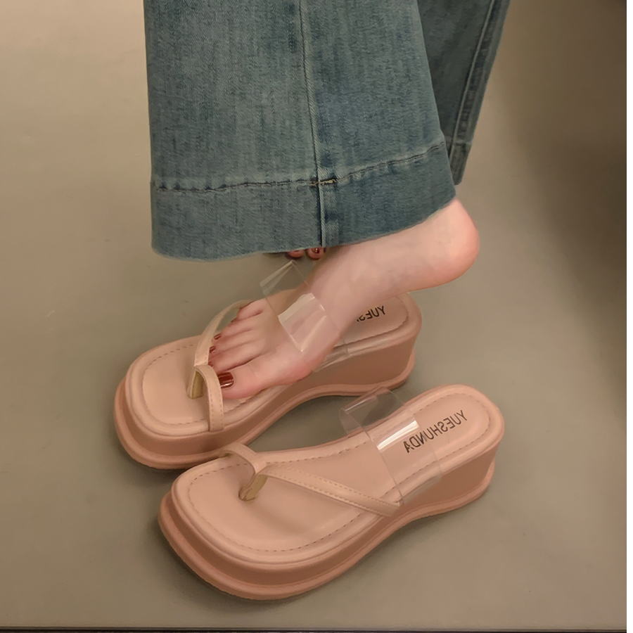 透明坡跟夹脚趾凉拖鞋女夏季外穿新款厚底法式高跟沙滩一字拖鞋子