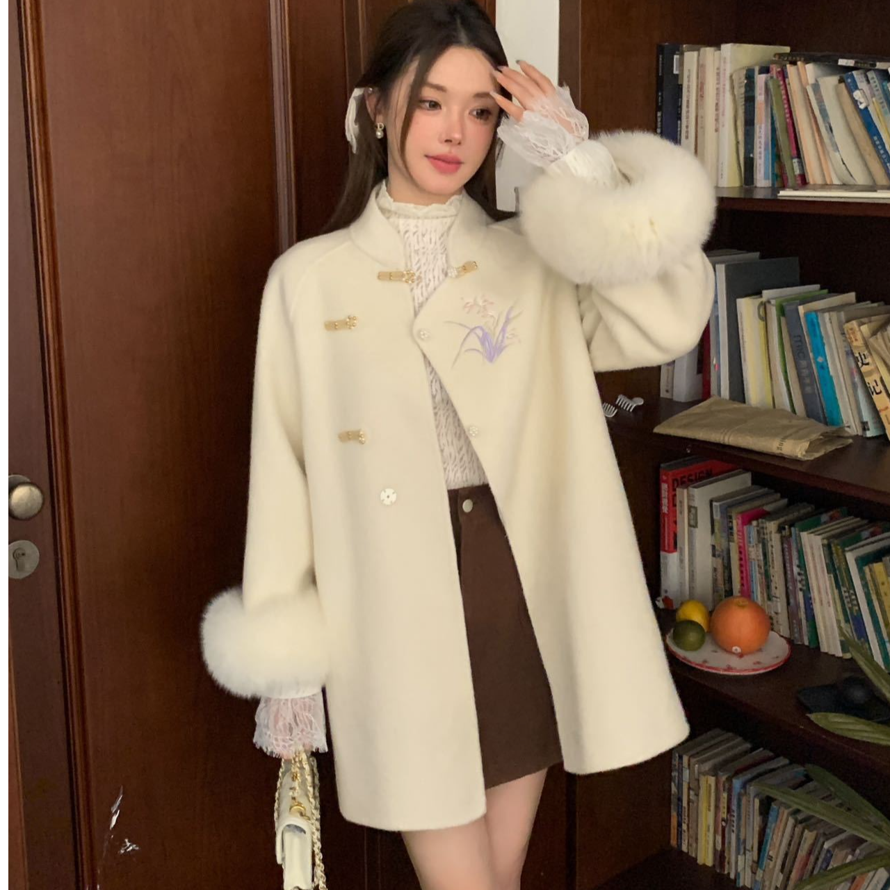 新中式国风刺绣双面羊毛大衣女网红爆款百搭古典气质毛呢外套宽松