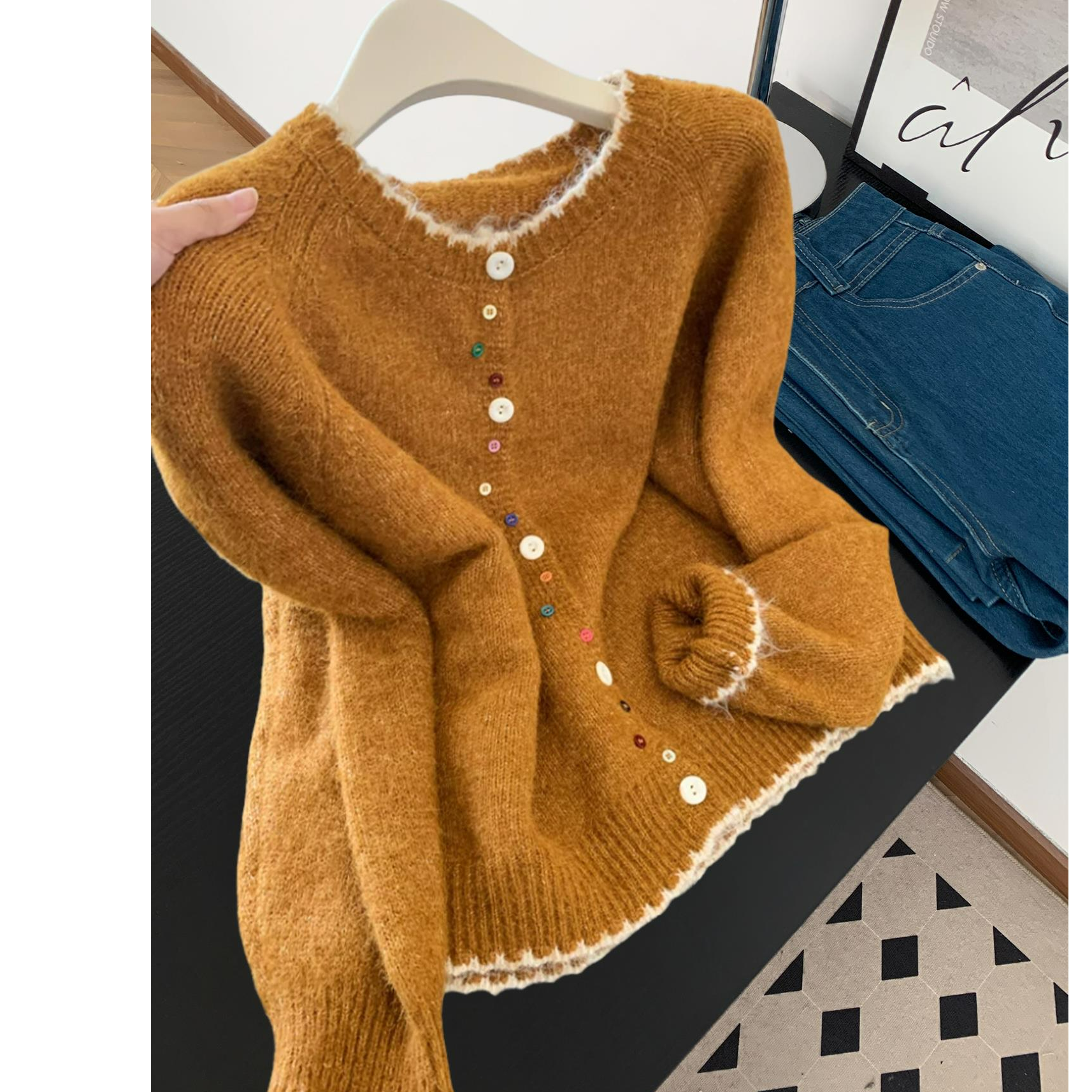 韩系复古设计感彩色纽扣毛衣外套女秋冬慵懒软糯撞色针织开衫上衣