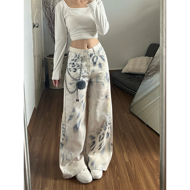 豹纹扎染阔腿白色牛仔裤裤子女款2025冬季新款设计感休闲拖地长裤